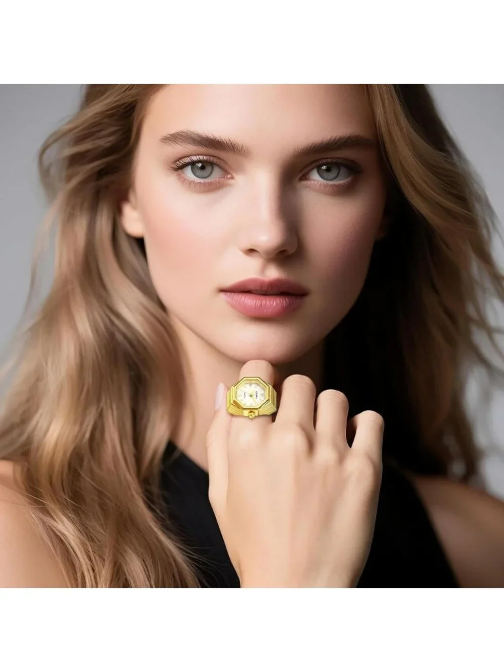 Unisex Gold Analog Quartz Stretchy Elastic Band Octagon Dial Finger Ring Watch